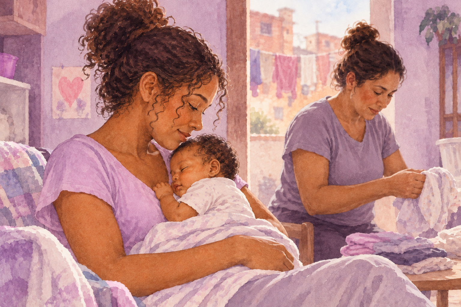 Ilustração de uma mãe com seu bebê e uma mulher oferecendo apoio em casa.