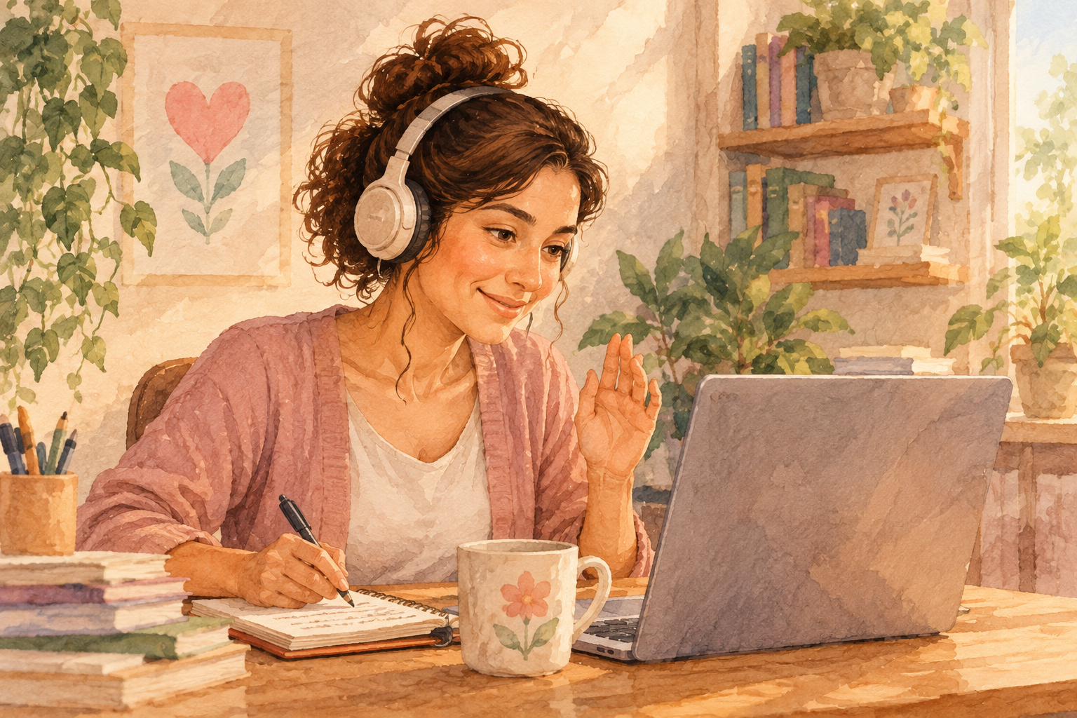 Ilustração de uma mulher participando de uma conversa pelo computador.