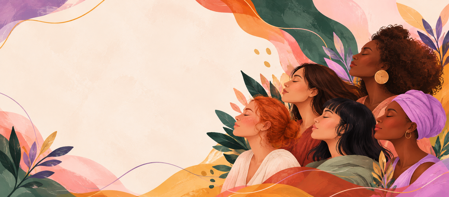Ilustração de cinco mulheres cercadas por folhas e formas coloridas da campanha Seja membro da Habitare.